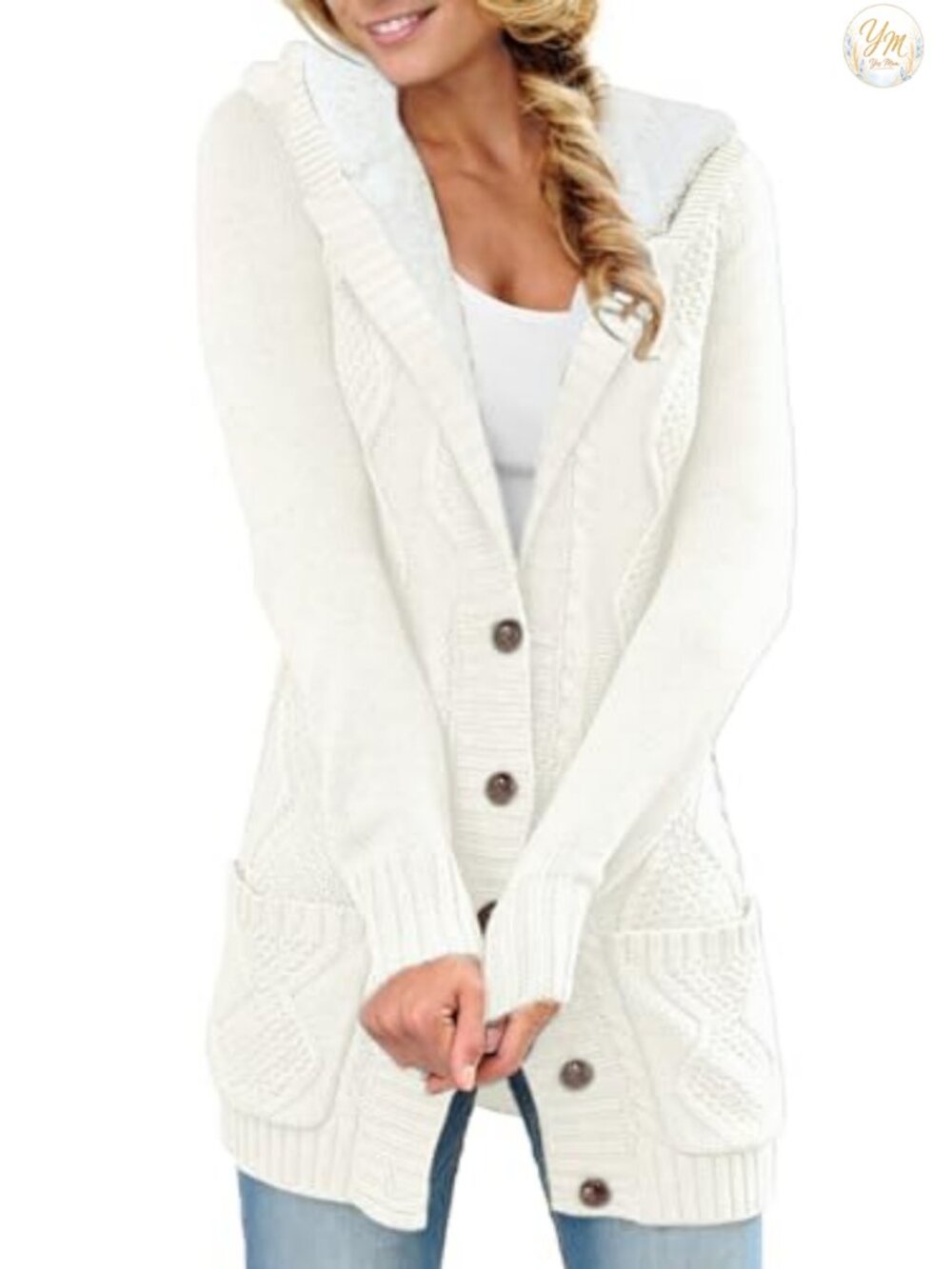 Women's Cable Knit Fleece Lined Hood Cardigan Sweater Winter Warm
